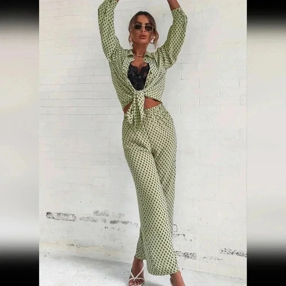 Argyle Print Drop Shoulder Blouse & Wide Leg Pants - Picture 5 of 6